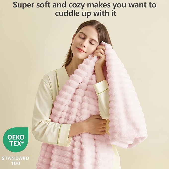 HIMEET Pink Ribbed Queen Size Blanket for Bed - 300GSM Lightweight Fleece Blanket for Men Women, Large Cozy Sofa Couch Cover Bed Blankets Gifts, Striped Spring Home Room Decor, Pink, 90x90 Inches