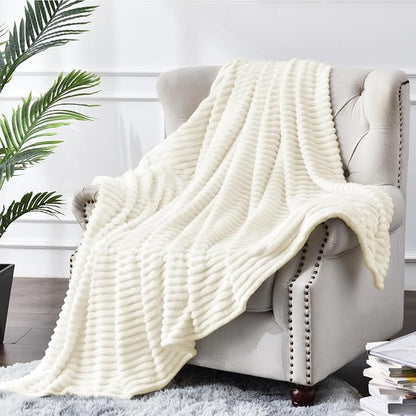 BEDELITE Fleece Throw Blanket for Couch – 3D Ribbed Jacquard Soft and Warm Decorative Fuzzy Blanket – Cozy, Fluffy, Plush Lightweight Cream Throw Blankets for Bed, Sofa, 50x60 inches