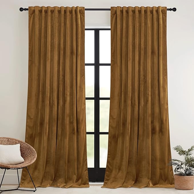 RYB HOME Gold Brown Velvet Curtains 72 inches with Hook Belt, Soft Fabric Room Darkening Thermal Insulated Luxurious Home Decor Curtains for Living Room Bedroom, W 52" x L 72", 2 Panels Set
