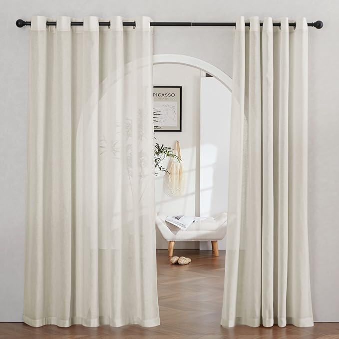 NICETOWN Semi Sheer Linen Curtains Extra Wide for French Door, Grommet Privacy with Light Filtering Vertical Window Curtains for Living Room/Bedroom, Natural, W62 x L84, 2 PCs