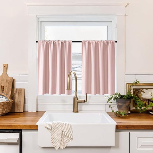 RYB HOME 100% Blackout Bathroom Curtains Over Sink 24 inches Long, Heat & UV Blocking Total Room Darkening Noise Reducing Curtains for Basement RV Campers, Baby Pink, 2 Panels Set