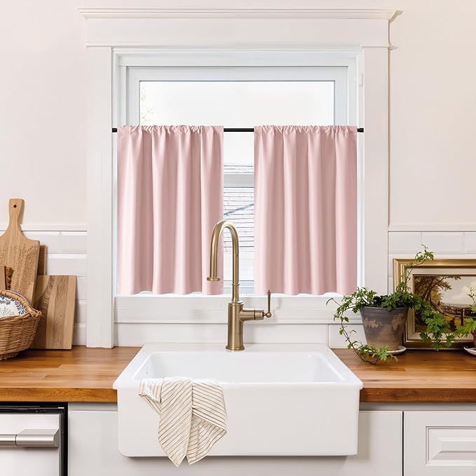 RYB HOME 100% Blackout Short Curtains for Small Window, Thermal Insulated Total Room Darkening Noise Reducing Curtains for Basement Bathroom RV Cars, 29 inches Wide by 30 inches Long, Baby Pink