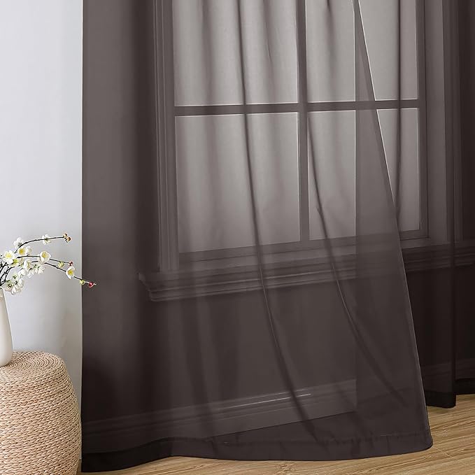 Simplebrand Chocolate Sheer Curtains 96 Inches Long, Light Filtering Rod Pocket Solid Color Window Sheer Curtain Panels, Elegant Curtains & Drapes for Living Room, Bedroom 2 Panels, 42" W x 96" L