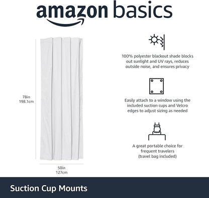 Amazon Basics Portable Room Darkening Light Blocking Blackout Curtain Shade with Suction Cups, 100% Polyester, 50"W x 78"L,White, 1-Pack