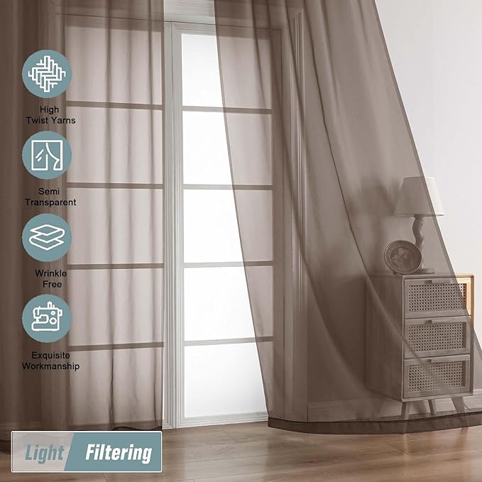 Chocolate Sheer Curtains 84 Inches Long 2 Panels, Elegant Airy Transparent Light Filtering Window Curtains, Window Drapes for Living Room Bedroom, Top Dual Rod Pocket Design, 2x42Wx84L Inches