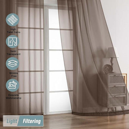 Chocolate Sheer Curtains 63 Inch Length 2 Panels, Voile Sheer Curtain for Living Room, Breathable Light Filtering Modern Window Treatments, Soft Fabric Dual Rod Pocket Drapes, 2x42Wx63L Inches