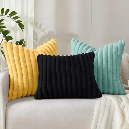 decorUhome Summer Cozy Faux Fur Throw Pillow Covers 22x22 Set of 2 Decorative Soft Plush Striped Modern Farmhouse Boho Couch Euro Sham Pillow Cases with Velvet Back for Sofa Bed Living Room, Aqua