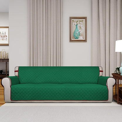 PureFit Reversible Quilted Sofa Cover, Water Resistant Slipcover Furniture Protector, Washable Couch Cover with Non Slip and Elastic Straps for Kids, Dogs, Pets (XX Large, Green/Red)