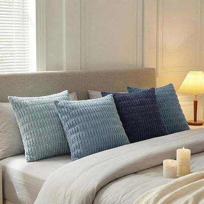 Fancy Homi Set of 4 Blue Boho Decorative Throw Pillow Covers 22x22 Inch for Couch Bed Sofa, Aesthetic Modern Bohemian Room Decor, Soft Fuzzy Cozy Corduroy Textured Coastal Blue Cushion Case 55x55cm