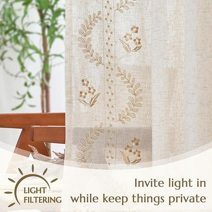 jinchan Belrose Linen Curtains for Bedroom Floral Curtains 108 Inch Length Linen Blend Beige Embroidered Drapes Farmhouse Flower Patterned Drapes for Living Room Window Treatments Set 2 Panels