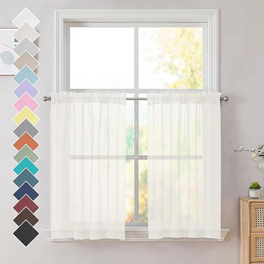 OVZME Ivory Sheer Curtains 36 Inch Length Kitchen Tiers - Short Voile Drapes, Solid Sheers Cafe Curtain for Bathroom Small Half Window - 2 Panels Set, Rod Pocket, 42" W x 36" L