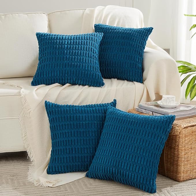 Fancy Homi 4 Packs Teal Decorative Throw Pillow Covers 22x22 Inch for Living Room Couch Bed Sofa, Rustic Farmhouse Boho Home Decor, Soft Striped Corduroy Square Cushion Case 55x55 cm