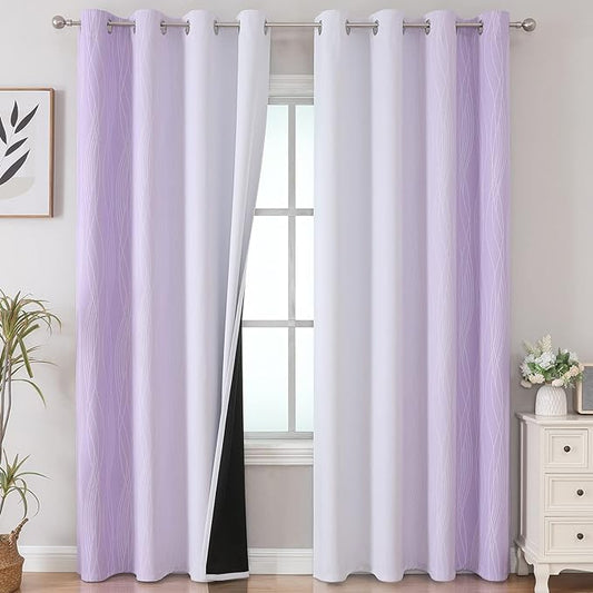 Estelar Textiler Lilac and Greyish White Blackout Curtains 96 Inches Long, Full Room Darkening Grommet Curtains for Bedroom, Thermal Insulated Ombre Blackout Drapes for Living Room, 52Wx96L, 2 Panels