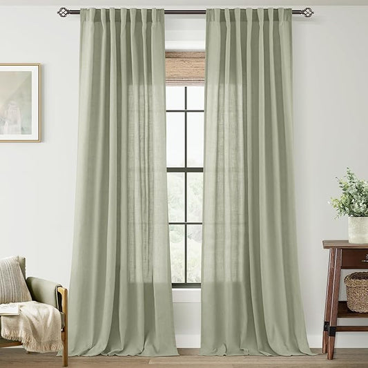 Linen Blend Sage Green Curtains 120 inch Length 2 Panels for Bedroom Back Tab Light Filtering Semi Sheer Drapes Linen Cotton Textured Light Green Airy Modern Farmhouse Living Room Sage Aesthetic Decor