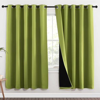 NICETOWN 100% Blackout Window Curtain Panels, Fresh Green, 2 Pieces, 62-inch Wide Per Panel, Full Light Blocking Drapes with Black Liner for Nursery, 72-inch Drop Thermal Insulated Draperies