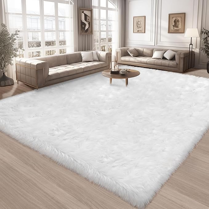 Ciicool 5 x 8 Feet Fluffy Faux Fur Area Rug White Faux Sheepskin Furry Rugs for Living Room Sofa Floor Shaggy Fuzzy Carpet for Bedroom Soft Plush Rugs Nursery Home Décor Rectangle