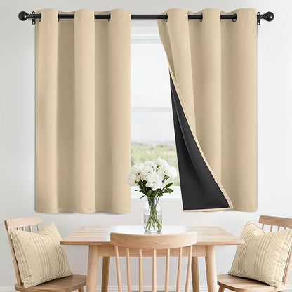 SimpleHome 100% Blackout Curtains for Bedroom,Thermal Insulated Beige Grommet Window Drapes Room Darkening Curtains for Living Room with Black Back,42 x 36 Inch,2 Panels