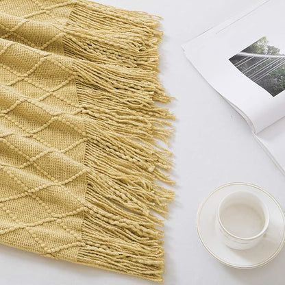 BOURINA Mustard Throw Blanket 50 x90 Inches Throw Textured Solid Soft Sofa Throw Bed Runner Couch Cover Knitted Decorative Blanket Bed Runner