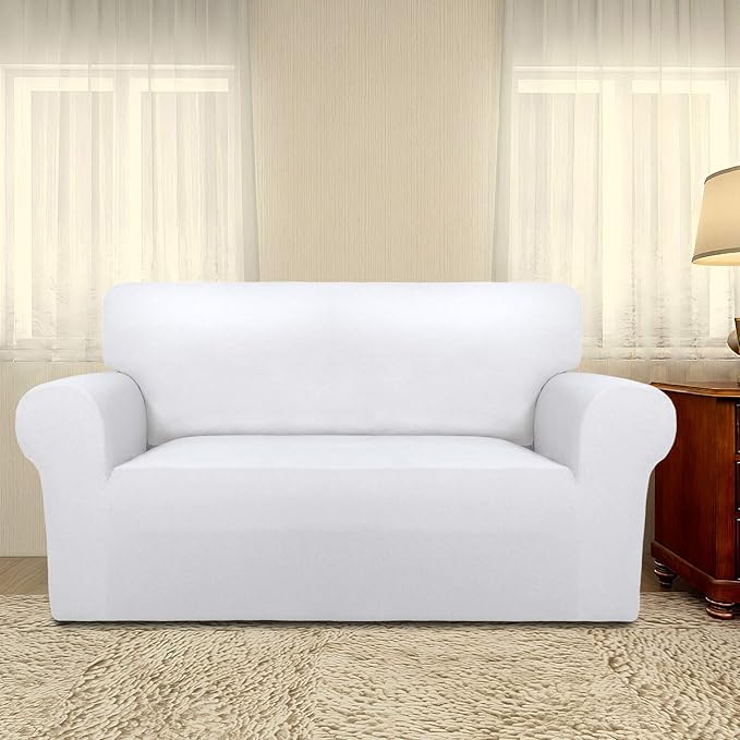 PureFit Super Stretch Sofa Slipcover – Spandex Non Slip Soft Couch Sofa Cover, Washable Furniture Protector with Non Skid Foam and Elastic Bottom for Kids, Pets （Loveseat, White