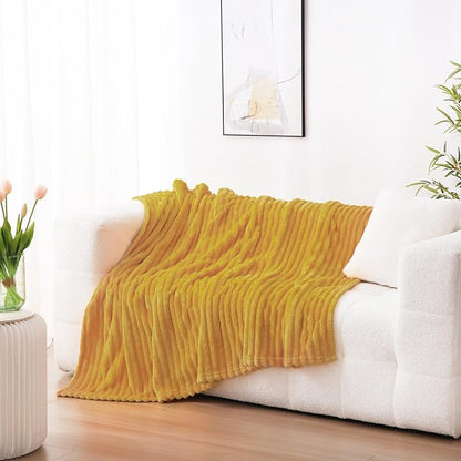Mustard Yellow Fleece Throw Blanket 60”×80” for Couch Sofa Bed,Super Soft Cozy Plush Microfiber Flannel Blanket with Stripes Design Lightweight for Adults,Woman,Girls