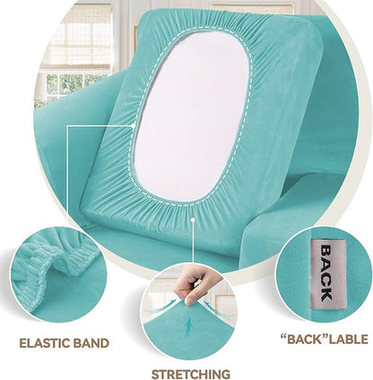 WEERRW Velvet Couch Covers for 2 Cushion Couch Sofa - High Stretch Luxury Velvet Plush 3 Pieces Sofa Slipcovers with Elastic Bottom, Furniture Protector for Pets, Machine Washable, Aqua, Medium