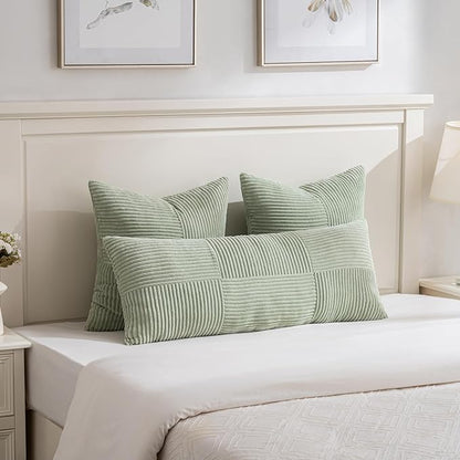 Fancy Homi Set of 2 Sage Green Boho Long Lumbar Body Decorative Throw Pillow Cover 14x36 Inch for Bed Couch Bedroom Bench, Soft Patchwork Corduroy Textured Pillow Case, Rustic Farmhouse Room Décor