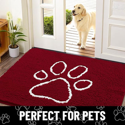 Smiry Dog Door Mat for Muddy Paws, Absorbent Dirt Trapper Non Slip Quick Dry Washable Chenille Mat for Mud Dogs, Entry Rug for Indoor and Outdoor (36x24 Inches, Red and White)