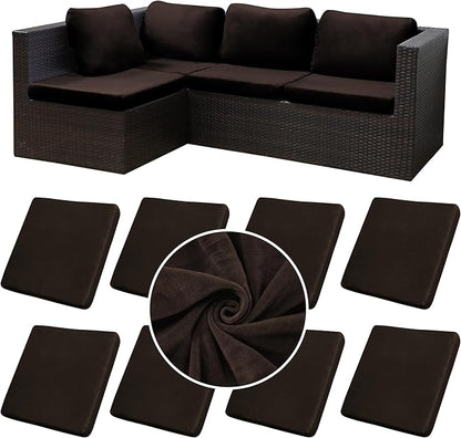 8Pcs Stretch Velvet Patio Cushion Cover,Fluffy,for Fall Outdoor Couch Cushion Cover Replacement,Washable Indoor Outdoor Cushion Slipcovers(Coffee,Cover Only)