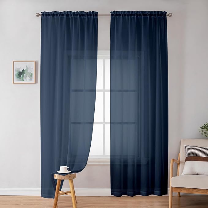 Simplebrand Sheer Curtains 72 Inches Long 2 Panels for Living Room, Dual Rod Pockets Airy Window Treatments Voile Curtains Sheer Panels Lightweight for Front Back Patio Glass Door, Navy, 42" Width
