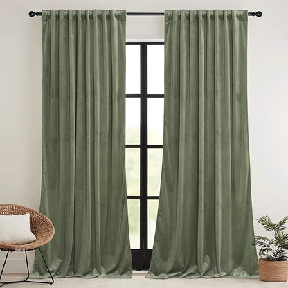 RYB HOME Sage Green Velvet Curtains 100 inches with Hook Belt, Soft Fabric Room Darkening Thermal Insulated Luxurious Home Decor Curtains for Living Room Bedroom, W 52" x L 100", 2 Panels Set
