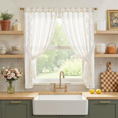 jinchan Belrose Linen Floral Cafe Curtains 54 Inch Length Embroidered Farmhouse Curtains for Kitchen Bedroom Bathroom Small Windows Curtain Set Light Filtering 2 Panels White