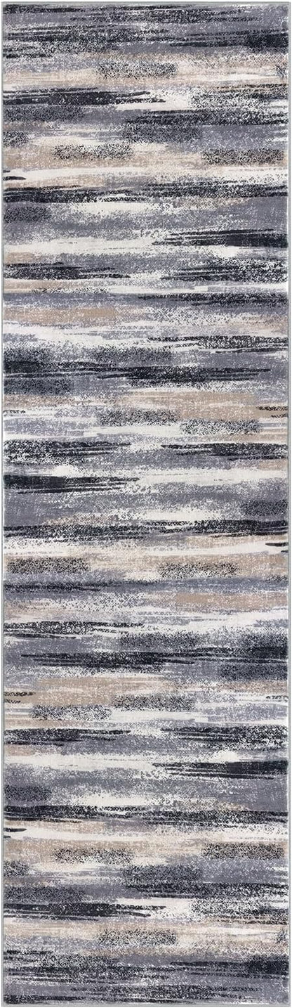 Lansny Modern Abstract Bedroom Runner Rug 2x7, Grey Black Multi Washable Kitchen Runner, Non-Slip Soft Thin Faux Wool Mat for Entryway, Hallway, Laundry Room, Indoor Home Decor