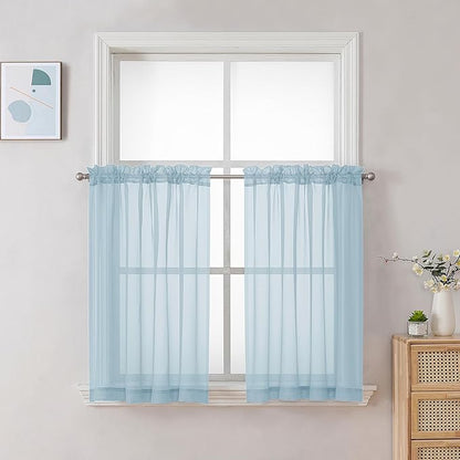 Chyhomenyc Sky Blue Sheer Curtains 30 inch Length 2 Panels, Light Filtering Voile Rod Pocket Short Window Curtians for Bathroom Living Room Farmhouse Small Windows, 42Wx30L inches