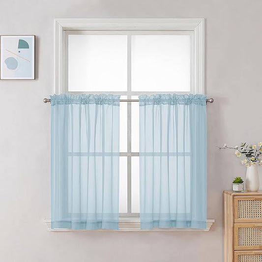 Chyhomenyc Sky Blue Sheer Curtains 30 inch Length 2 Panels, Light Filtering Voile Rod Pocket Short Window Curtians for Bathroom Living Room Farmhouse Small Windows, 42Wx30L inches