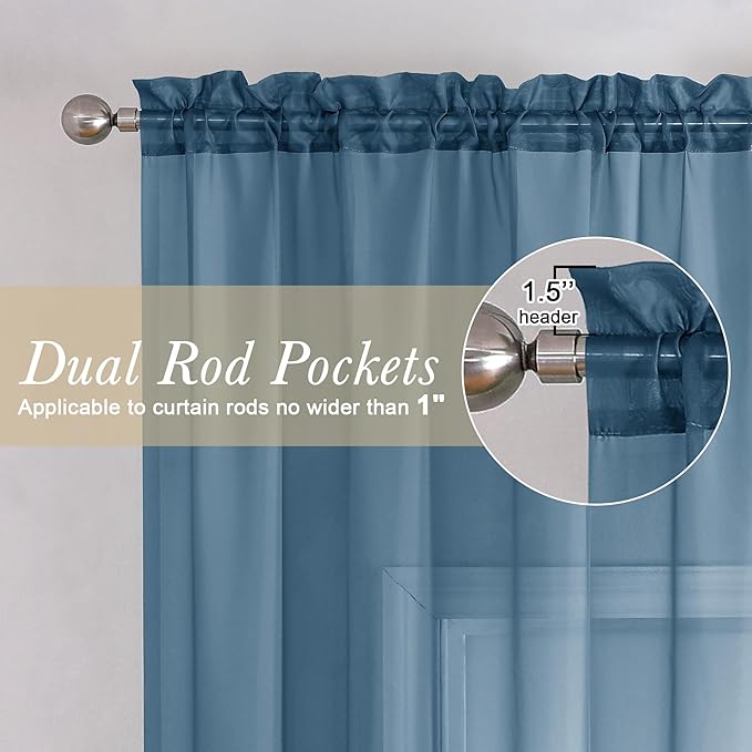 Lecloud Dusty Blue Sheer Curtains 54 Inch Length 2 Panels, Light Filtering Voile Curtain Drapes for Kitchen Bedroom Windows, Dual Rod Pocket Living Room Sheer Curtains, 40 W x 54 L Inches