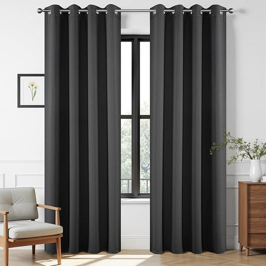 Joydeco Blackout Curtains 90 Inches Long 1 Panel, Thermal Insulated Long Curtains& Drapes 1 Piece, Room Darkening Grommet Drapes for Living Room Bedroom Window (W70 x L90 Inch, Dark Grey)