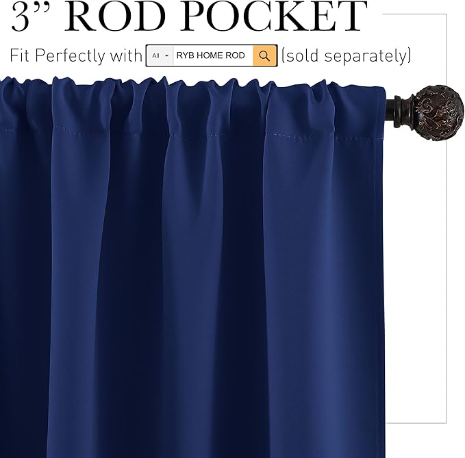 RYB HOME Blackout Cafe Curtains 30 inch Length, Short Light UV Heat Blocking Energy Saving Privacy Curtain Tiers for Basement Bathroom Kitchen Window, Width 29 by Length 30, Marine Blue, 2 Panels
