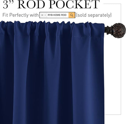 RYB HOME Blackout French Door Window Curtain Covering, Rod Pocket Thermal Insulated Privacy Non See Through Drapes for Bathroom Window, Width 29 by Length 45, Marine Blue, 2 Panels