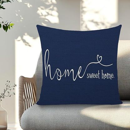 MFGNEH Home Sweet Home Quotes Farmhouse Pillow Covers 18x18 Inch,Farmhouse Decorative Lumbar Throw Pillow Case Cushion Cover,Housewarming Gift,Blue