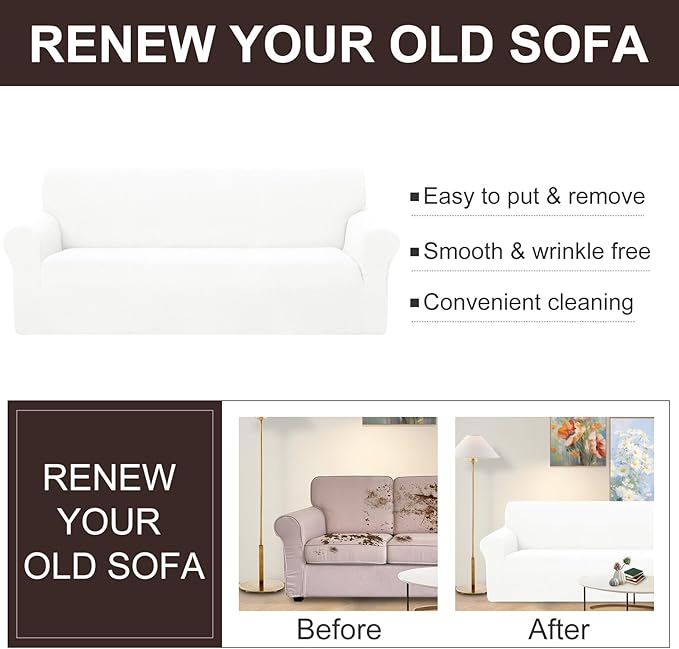 U-NICE HOME Oversized Stretch Sofa Slipcover, Soft Jacquard Fabric Couch Cover, Pet Friendly Furniture Protector, Ivory White