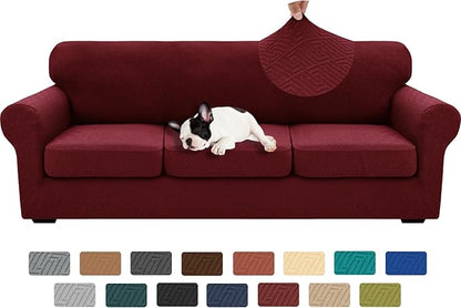 XINEAGE 2026 New 4 Pieces Extra Large Couch Covers for 3 Cushion Sofa Super Stretch Sofa Cover for 3 Large Seat Cushion Universal Fitted Slip Cover for Living Room (Wine Red), 91"-110"(3 Cushions)