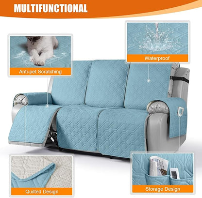 VANSOFY Waterproof Recliner Couch Covers, Sofa Covers 1-Piece Washable Reclining Sofa Cover Non-Slip Furniture Protector with Elastic Straps Pocket for Dogs, Pets(Azuree,3 Seater)