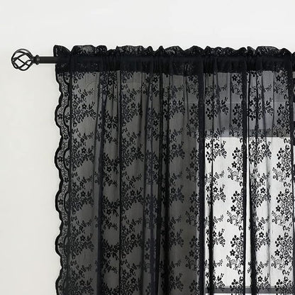 YJ YANJUN Vintage Lace Curtains 54 inch Length Victorian Floral Pattern Goth Halloween Short Black Sheer Curtain Panels for Bathroom Kitchen Window Coffin/Witchy/Gothic Home Decor W52 x L54 Inch