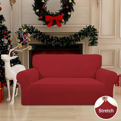 Easy-Going Stretch Loveseat Slipcover 1-Piece Sofa Cover Furniture Protector Couch Soft with Elastic Bottom for Kids Polyester Spandex Jacquard Fabric Small Checks (Loveseat, Christmas Red)