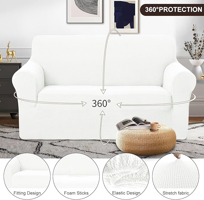 U-NICE HOME Loveseat Cover Stretch Couch Cover Sofa Cover Sofa Slipcover Furniture Protector for 2 Cushion Couch Sofa Pet Friendly(Loveseat, Ivory White)