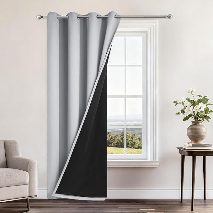 Yakamok 84 Inch Long 100% Blackout Curtains for Bedroom, 2 Thick Layers Thermal Insulated Grommet Total Blackout Drapes with Black Liner for Living Room (52Wx84L,Light Grey, 1 Panel)