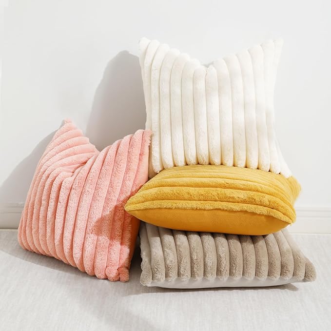 decorUhome Summer Cozy Faux Fur Throw Pillow Covers 16x16 Set of 2 Decorative Plush Striped Modern Farmhouse Boho Couch Pillow Cases with Velvet Back for Sofa Bed Living Room, Blush Pink