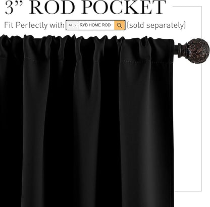 RYB HOME Blackout Cafe Curtains 30 inch Length, Short Light UV Heat Blocking Energy Saving Privacy Curtain Tiers for Basement Bathroom Kitchen Window, Width 29 by Length 30, Black, 2 Panels