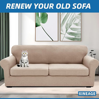 XINEAGE 2026 New 3 Pieces Couch Covers for 2 Extra Large Cushion Sofa Super Stretch Sofa Cover for 2 Large Seat Cushion Universal Loveseat Slip Cover for Living Room (Khaki), 71"-91"(2 Cushions)