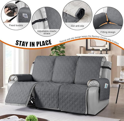 VANSOFY Waterproof Recliner Couch Covers, Sofa Covers 1-Piece Washable Reclining Sofa Cover Non-Slip Furniture Protector with Elastic Straps Pocket for Dogs, Pets(Dark Gray,3 Seater)